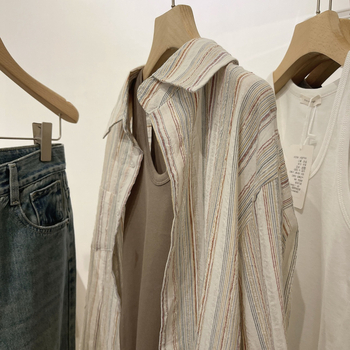 Csíkos ing, japán-koreai laza stílus, hosszú ujjú, cipzár, poliészter