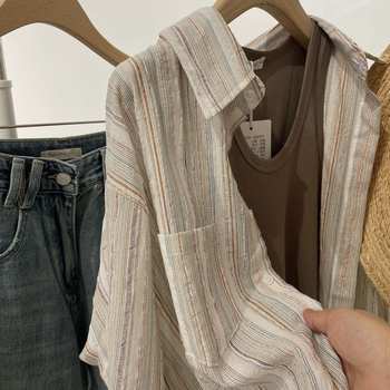 Csíkos ing, japán-koreai laza stílus, hosszú ujjú, cipzár, poliészter