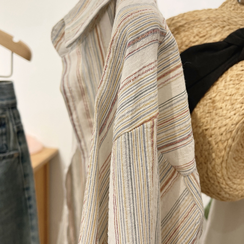 Csíkos ing, japán-koreai laza stílus, hosszú ujjú, cipzár, poliészter