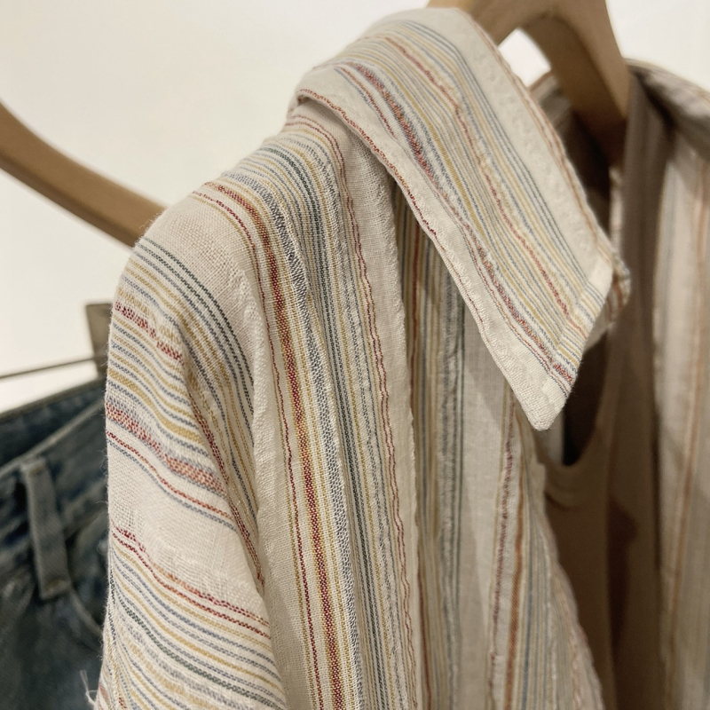 Csíkos ing, japán-koreai laza stílus, hosszú ujjú, cipzár, poliészter