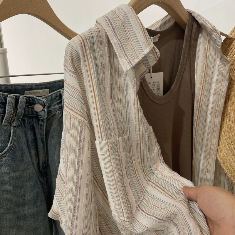 Csíkos ing, japán-koreai laza stílus, hosszú ujjú, cipzár, poliészter