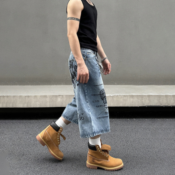 Pánske voľné rovné denimové šortky, hip-hop štýl, stredný pás, zips, skrátená dĺžka, 50% polyester