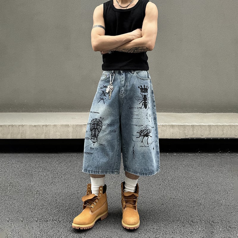 Pánske voľné rovné denimové šortky, hip-hop štýl, stredný pás, zips, skrátená dĺžka, 50% polyester