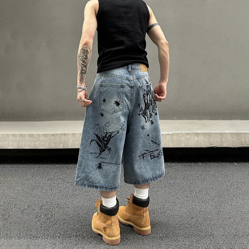 Pánske voľné rovné denimové šortky, hip-hop štýl, stredný pás, zips, skrátená dĺžka, 50% polyester