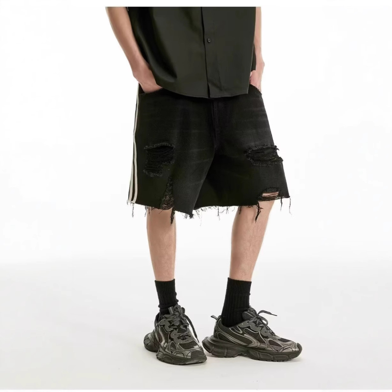 Muške poderane traper šorceve do koljena, ravnog kroja, ljeto, sportski stil, tkanina denim 96%+
