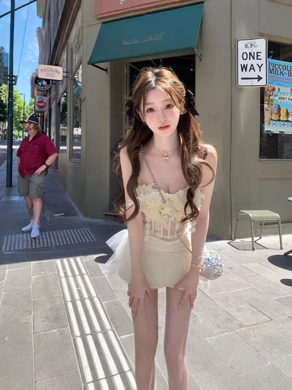 Bandeau top od mrežaste tkanine s ribljim kostima, slojeviti 3D cvjetovi, prozračni mrežasti top za žene