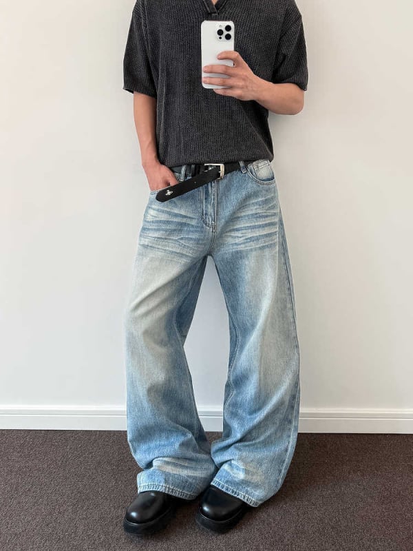 Muške traperice - američki retro, labavog ravnog kroja, srednji porast struka, kopčanje na gumbe, pamuk denim