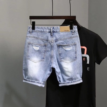 Muške traper šorceve, proštećeni detalji, hip-hop stil, ravni kroj, tanki materijal, poliester