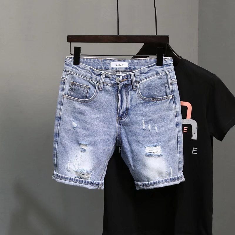 Muške traper šorceve, proštećeni detalji, hip-hop stil, ravni kroj, tanki materijal, poliester