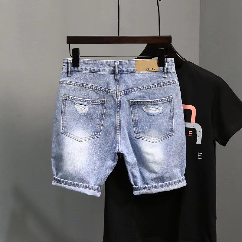 Muške traper šorceve, proštećeni detalji, hip-hop stil, ravni kroj, tanki materijal, poliester