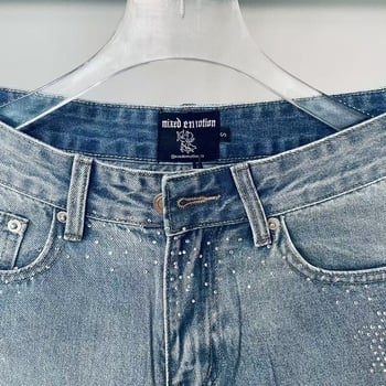 Muške traper šorceve – istrošeno pranje, rhinestones, ravni kroj, srednja struka, zip