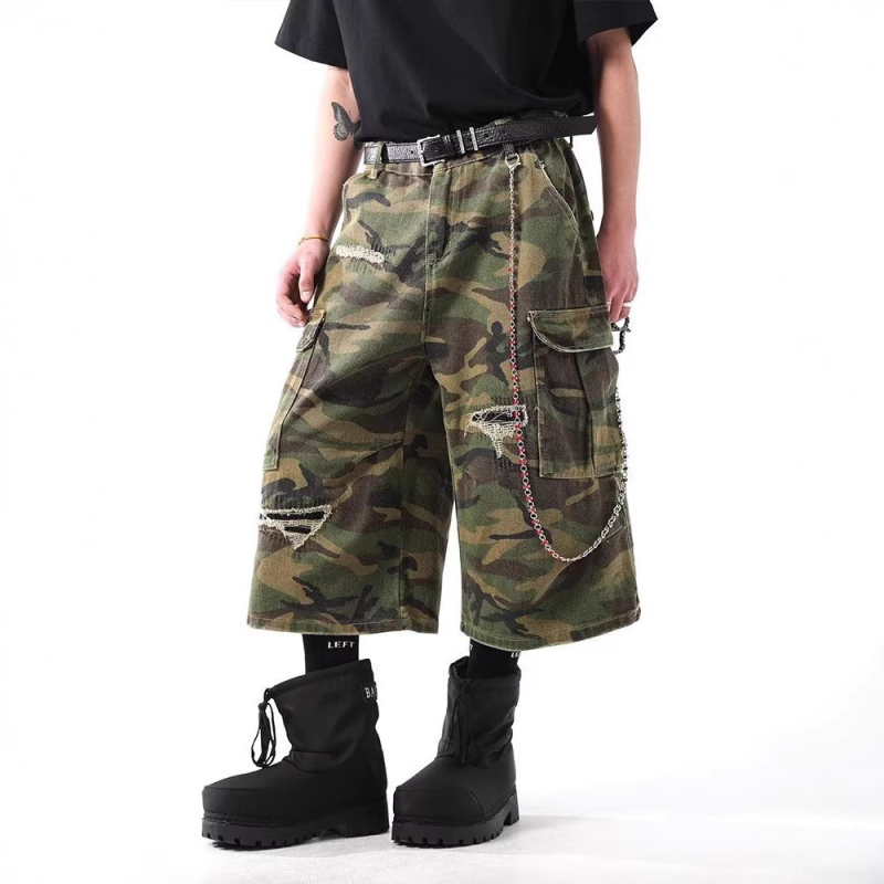 Muške traper šorceve s maskirnim uzorkom, poderane, punk stil, pamuk, ravni kroj, kratka duljina