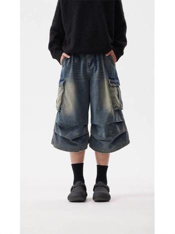 Denim šorcovi u retro stilu, široka silueta, cropped duljina, srednji pojas, dizajn s više džepova, mješavina pamuka i poliestera (75% poliestera)