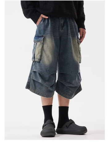 Denim šorcovi u retro stilu, široka silueta, cropped duljina, srednji pojas, dizajn s više džepova, mješavina pamuka i poliestera (75% poliestera)