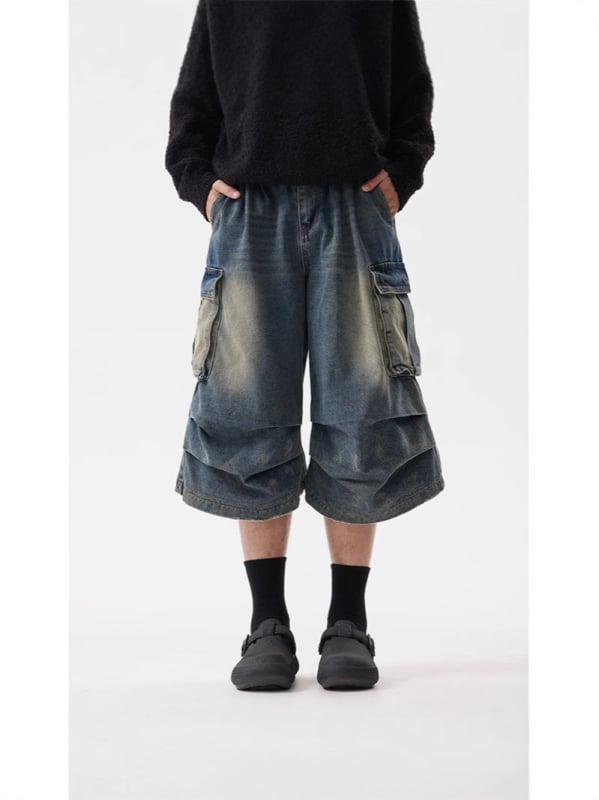 Denim šorcovi u retro stilu, široka silueta, cropped duljina, srednji pojas, dizajn s više džepova, mješavina pamuka i poliestera (75% poliestera)