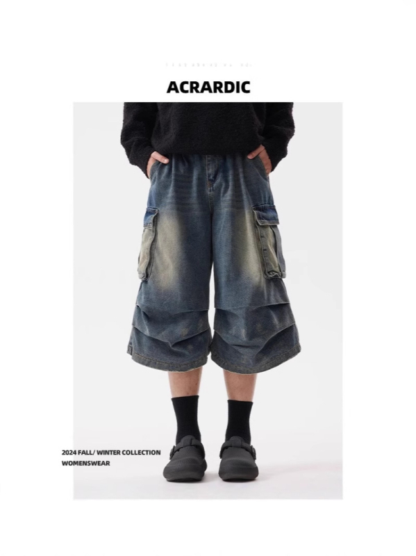 Denim šorcovi u retro stilu, široka silueta, cropped duljina, srednji pojas, dizajn s više džepova, mješavina pamuka i poliestera (75% poliestera)
