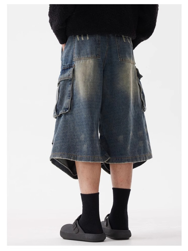 Denim šorcovi u retro stilu, široka silueta, cropped duljina, srednji pojas, dizajn s više džepova, mješavina pamuka i poliestera (75% poliestera)