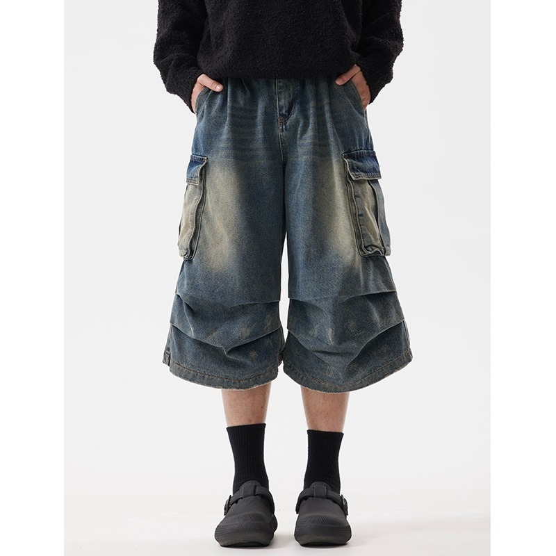 Denim šorcovi u retro stilu, široka silueta, cropped duljina, srednji pojas, dizajn s više džepova, mješavina pamuka i poliestera (75% poliestera)