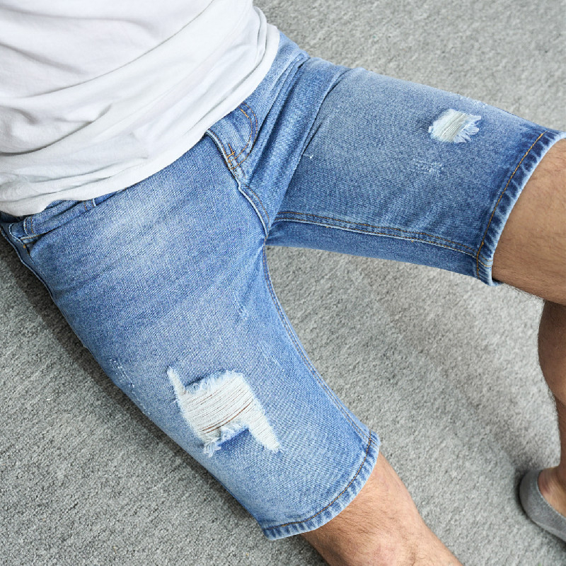 Деним панталони за мъже с разкъсан дизайн, средна дължина, притален силует, средна талия, цип, памук-полиестер (71% памук, 27% полиестер)
