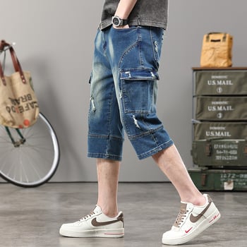 Muške traper capri hlače s više džepova, distressed detalji, srednji porast, uski kroj, Capri dužina