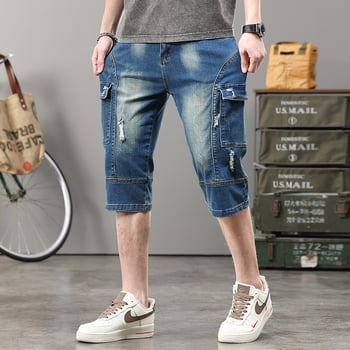 Muške traper capri hlače s više džepova, distressed detalji, srednji porast, uski kroj, Capri dužina