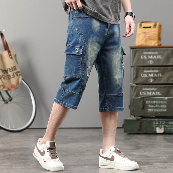 Muške traper capri hlače s više džepova, distressed detalji, srednji porast, uski kroj, Capri dužina