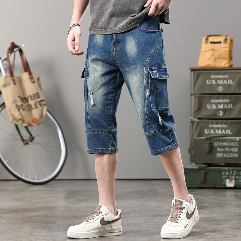 Muške traper capri hlače s više džepova, distressed detalji, srednji porast, uski kroj, Capri dužina