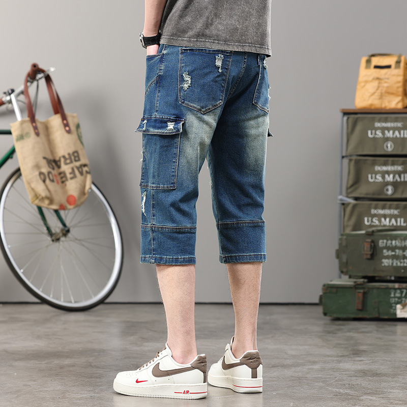 Muške traper capri hlače s više džepova, distressed detalji, srednji porast, uski kroj, Capri dužina