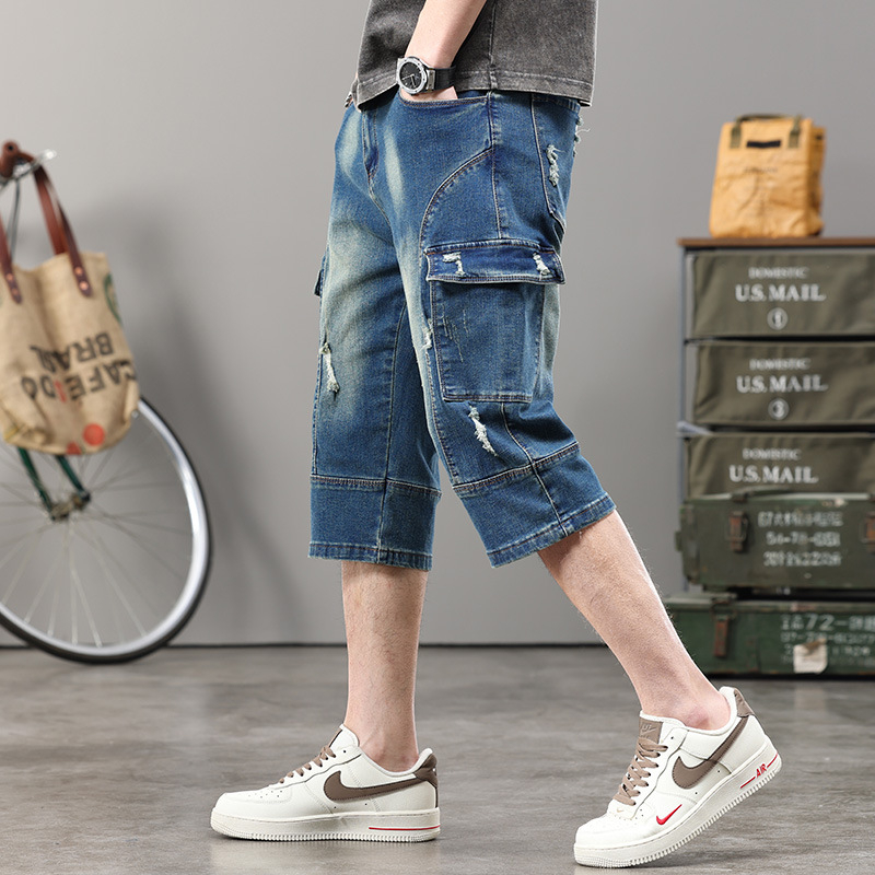 Muške traper capri hlače s više džepova, distressed detalji, srednji porast, uski kroj, Capri dužina