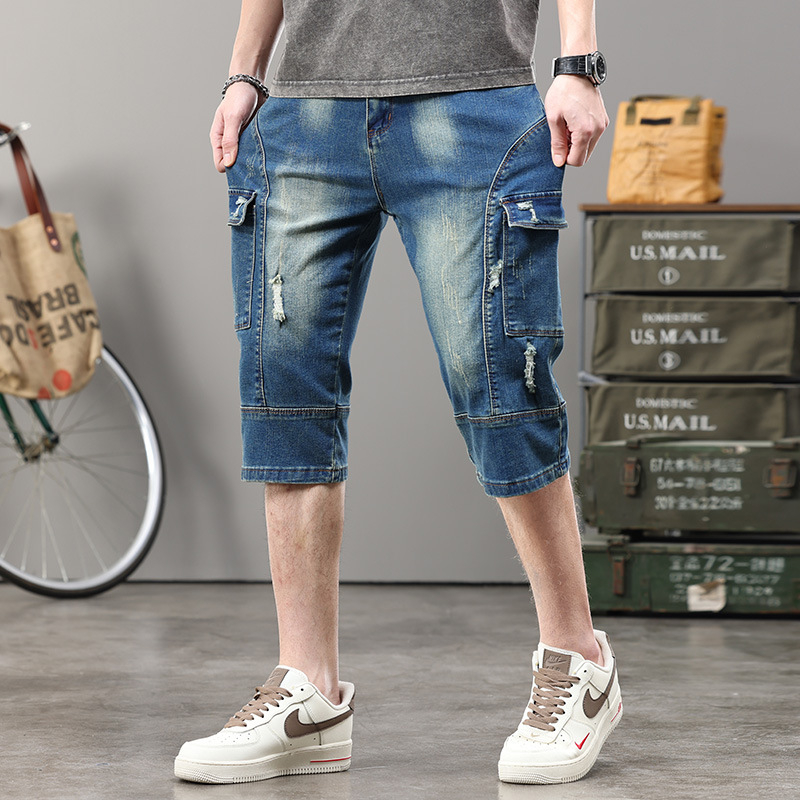 Muške traper capri hlače s više džepova, distressed detalji, srednji porast, uski kroj, Capri dužina
