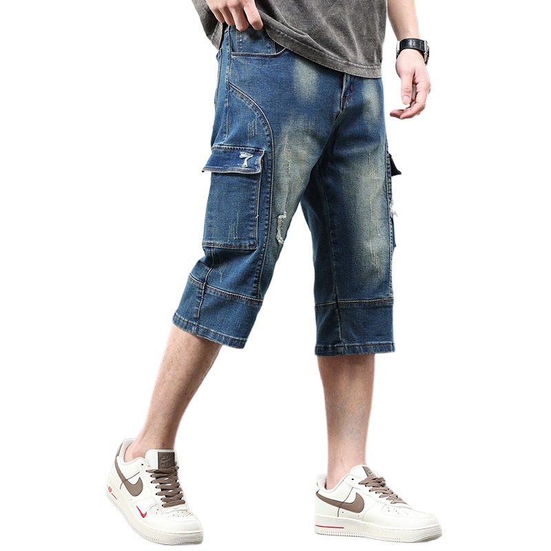Muške traper capri hlače s više džepova, distressed detalji, srednji porast, uski kroj, Capri dužina