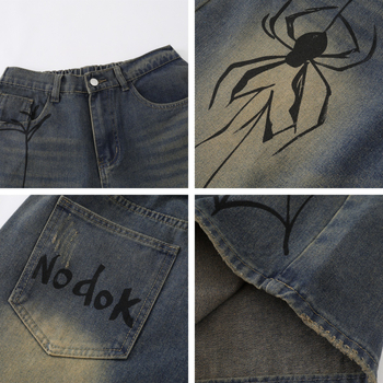 Muške traper šorke, američki retro stil, isprani, ručno oslikan dizajn pauka, opuštena ravna kroj, ljeto 2025 (tkanina: pamuk; glavna tkanina: 78% pamuk; opuštena silueta; ravni kroj)