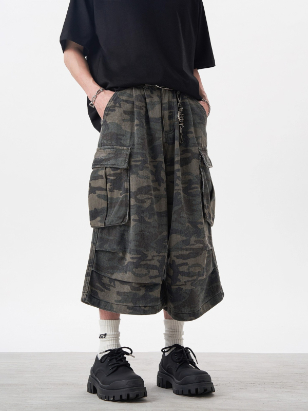 Muške traper šorceve s camouflage cargo džepovima, široki kroj, kratki do koljena, ljetni streetwear hip-hop stil