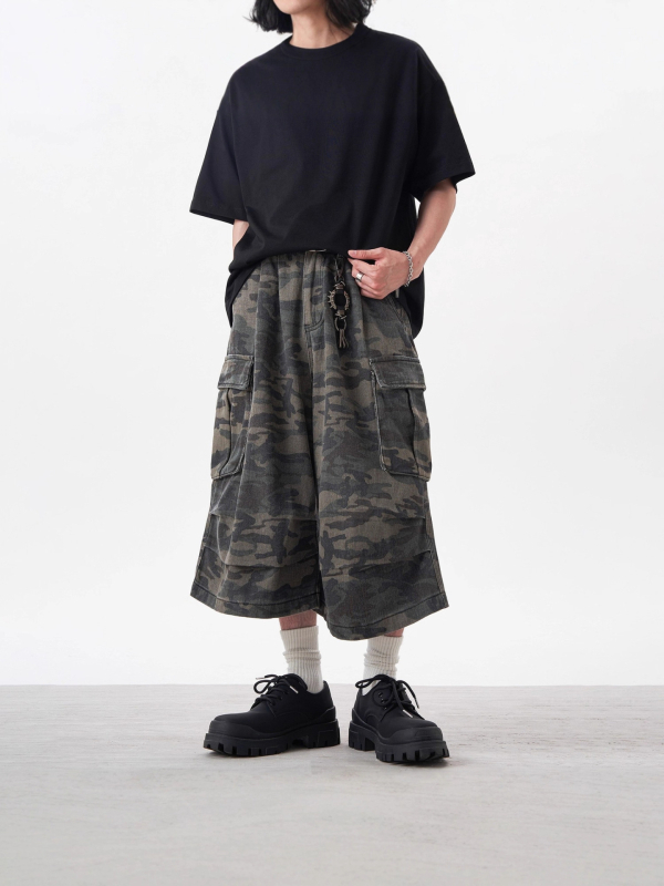 Muške traper šorceve s camouflage cargo džepovima, široki kroj, kratki do koljena, ljetni streetwear hip-hop stil
