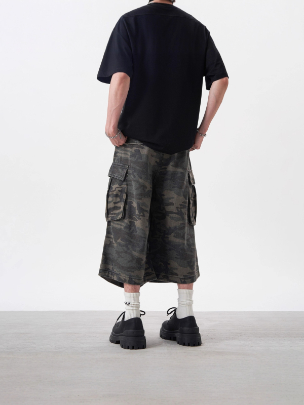 Muške traper šorceve s camouflage cargo džepovima, široki kroj, kratki do koljena, ljetni streetwear hip-hop stil