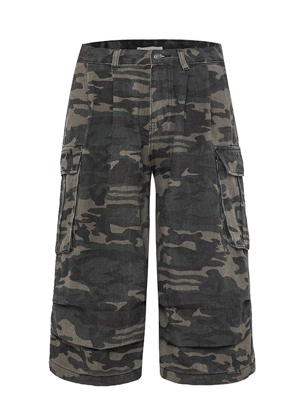 Muške traper šorceve s camouflage cargo džepovima, široki kroj, kratki do koljena, ljetni streetwear hip-hop stil