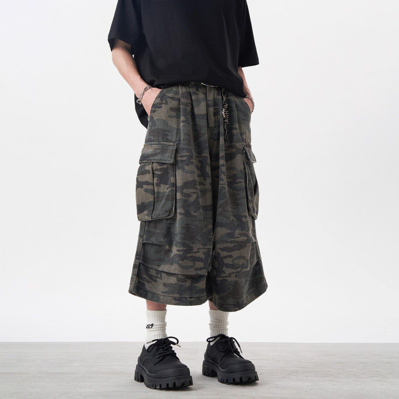 Muške traper šorceve s camouflage cargo džepovima, široki kroj, kratki do koljena, ljetni streetwear hip-hop stil