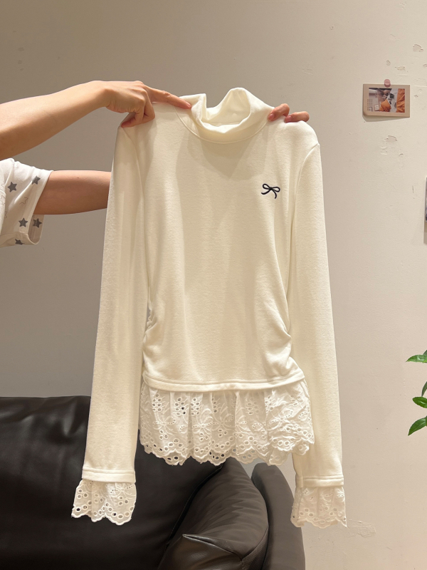 Ženski dugi rukav majica slim fit s malim stojećim ovratnikom, prešivena fleksom s čipkastim rubom, bazni top za jesen/zimu