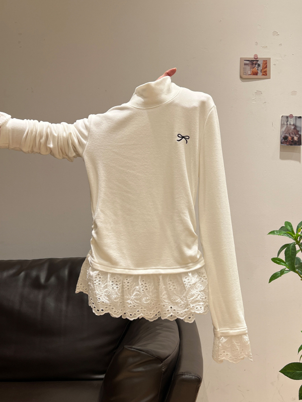 Ženski dugi rukav majica slim fit s malim stojećim ovratnikom, prešivena fleksom s čipkastim rubom, bazni top za jesen/zimu