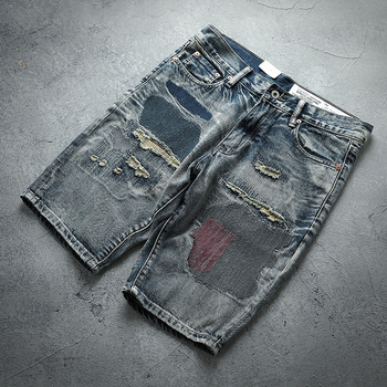 Denim rövidnadrág patch díszítéssel, japán retro stílus, egyenes szabás, középső derekú, 100% pamut