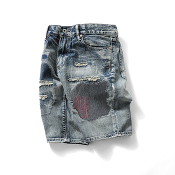 Denim rövidnadrág patch díszítéssel, japán retro stílus, egyenes szabás, középső derekú, 100% pamut