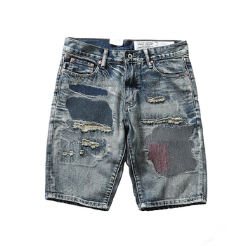 Denim rövidnadrág patch díszítéssel, japán retro stílus, egyenes szabás, középső derekú, 100% pamut