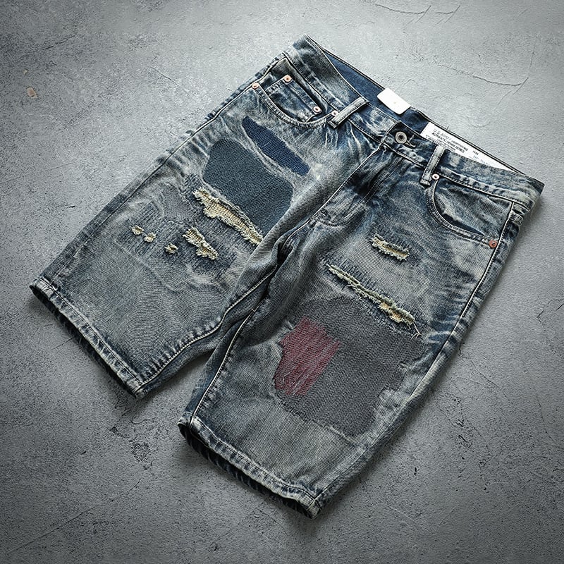 Denim rövidnadrág patch díszítéssel, japán retro stílus, egyenes szabás, középső derekú, 100% pamut