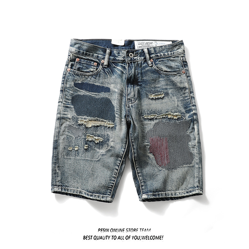 Denim rövidnadrág patch díszítéssel, japán retro stílus, egyenes szabás, középső derekú, 100% pamut