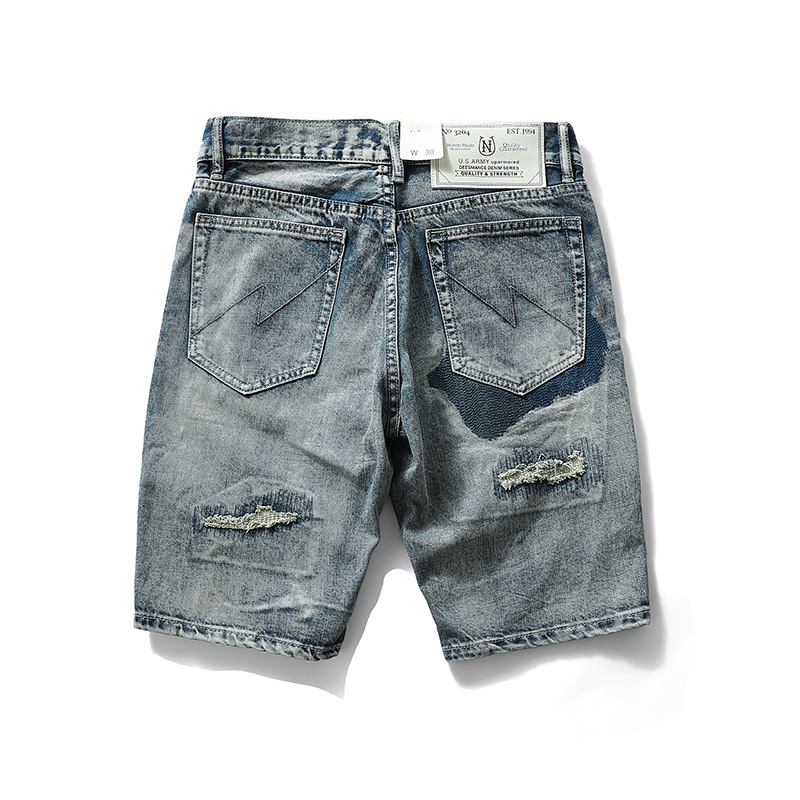 Denim rövidnadrág patch díszítéssel, japán retro stílus, egyenes szabás, középső derekú, 100% pamut