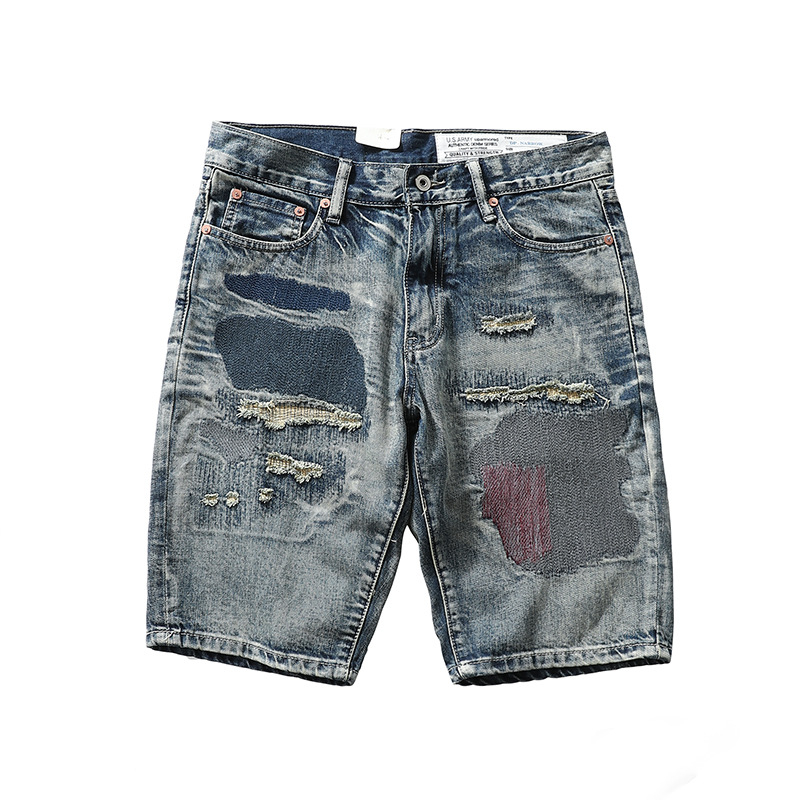 Denim rövidnadrág patch díszítéssel, japán retro stílus, egyenes szabás, középső derekú, 100% pamut