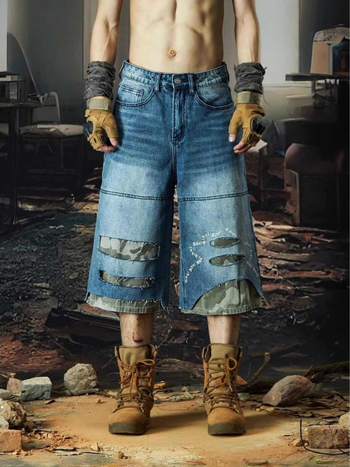Férfi denim rövidnadrág – vintage, kamuflázs, koreai stílus, magas derék, capri hossz