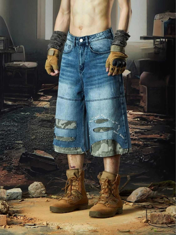 Férfi denim rövidnadrág – vintage, kamuflázs, koreai stílus, magas derék, capri hossz
