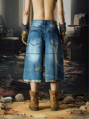 Férfi denim rövidnadrág – vintage, kamuflázs, koreai stílus, magas derék, capri hossz