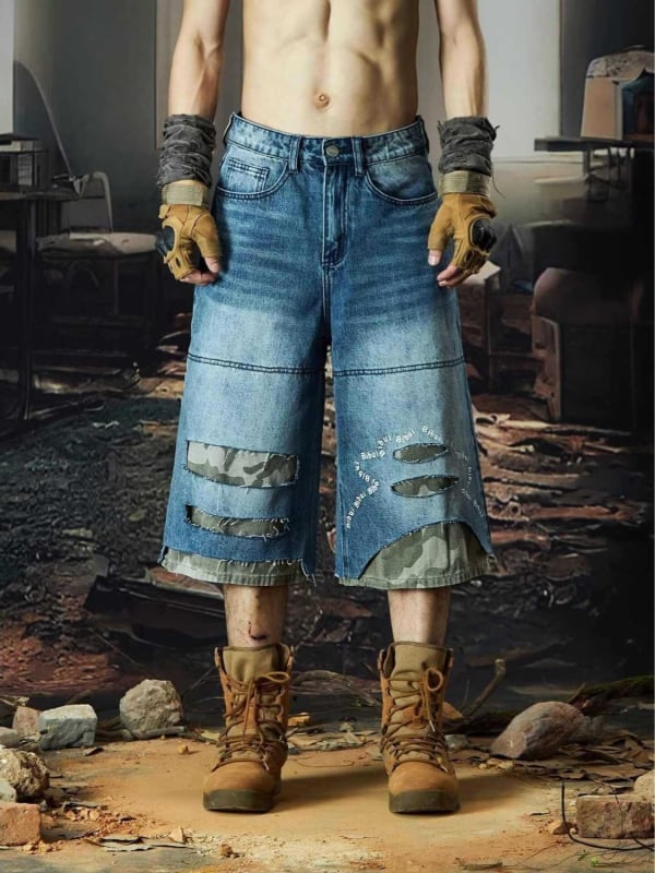 Férfi denim rövidnadrág – vintage, kamuflázs, koreai stílus, magas derék, capri hossz